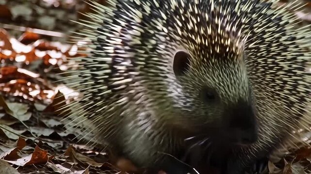 Adorable hedgehog foraging for food in forest leaves, a nature video preview frame with wildlife.