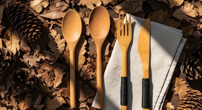 Rustic wooden cutlery set featuring spoons, a fork, and a knife elegantly arranged on a linen napkin amidst dried leaves and pine cones, evoking an autumnal and natural dining concept. - Powered by Adobe