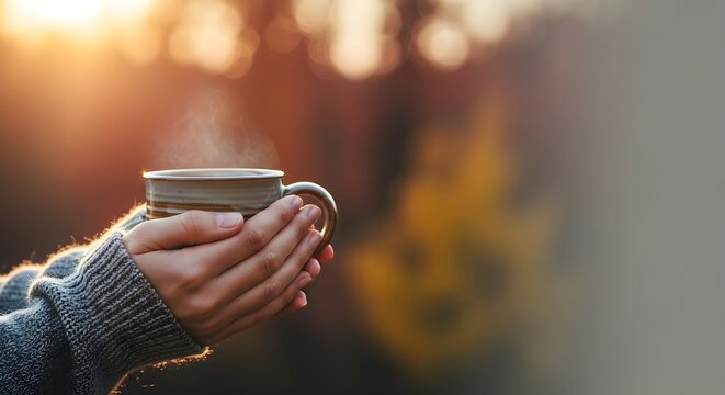 Woman's hands warming up with a steaming mug of hot drink during a crisp autumn sunset, evoking feelings of comfort and tranquility.