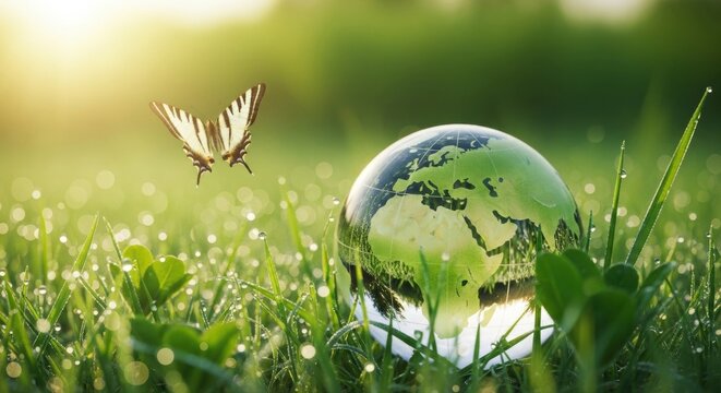 A glass globe in green grass with a butterfly flying in the background on a sunny day outdoors