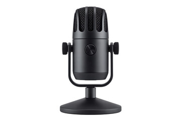 Classic style microphone on a dark stand for recording and podcasting isolated on transparent background