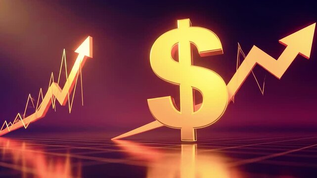 Golden dollar symbol with upward trend arrows on a colorful gradient background representing financial growth