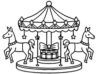 Fototapeta premium Simple Line Drawing of a Carousel with Two Horses and a Gift