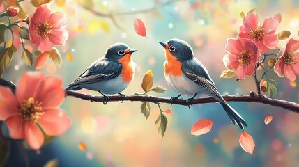 An ultra-realistic, 2 cute paired birds in love perched on a branch between 3 beautiful big flowers, 