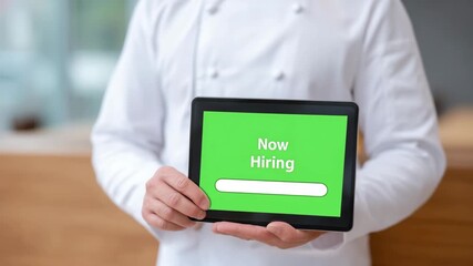 Hiring Advertisement: A professional cook in pristine chef's attire prominently displays a tablet showcasing a Now Hiring message in an eye-catching display for job opportunity advertisement. 