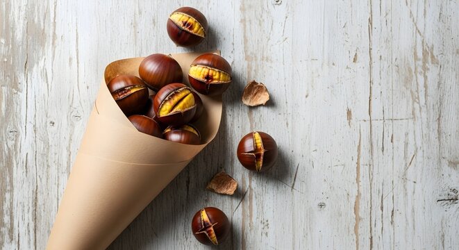Roasted chestnuts in a paper cone on a rustic wooden table, autumn harvest concept. Delicious fall food photography with copy space.
