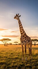 Obraz premium A magnificent giraffe stands tall against a breathtaking African savanna at sunrise, bathed in warm golden light.