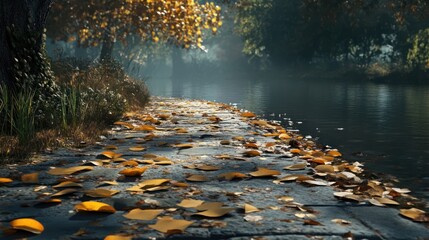 Naklejka premium Autumnal Pathway by the Serene Lake: A Digital Painting of Tranquil Nature
