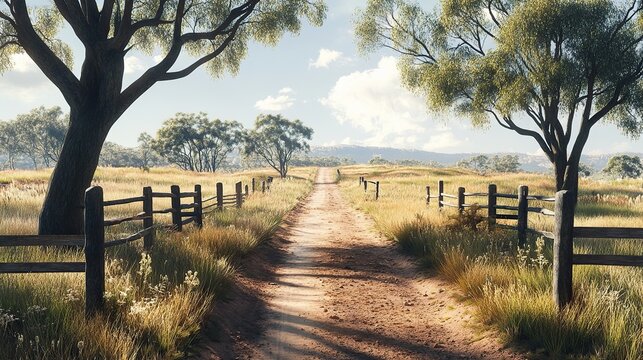 An ultra-realistic photograph of an outback road. The dirt path is bordered by fences, leading to a rustic wooden bridge over the road. sunny day