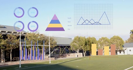 Fading in on sports field, charts animating fills, cycling data showing changing statistics - Powered by Adobe