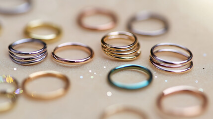 Thin stackable rings in various metallic tones scattered organically across a beige background, tiny reflective highlights, soft vignette edges,