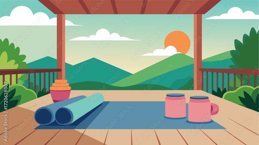 Poster a set of yoga mats arranged on the porch for a midday stretch and meditation break from work.. vecto