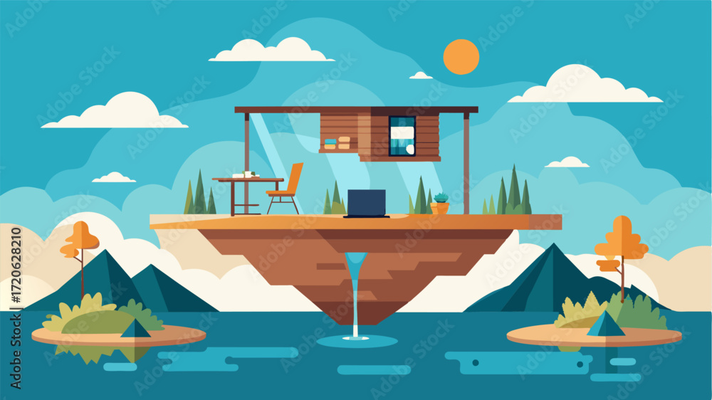Poster a unique blend of modern office space and rustic escape floating on the calm waters of a secluded la