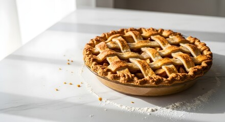 Classic homemade apple pie with a golden lattice crust, ready to serve on a bright white table with baking flour, representing comfort food and sweet indulgence.
