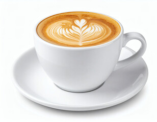 Fototapeta premium Your perfect morning energy boost. A fresh cup of coffee latte to start the day, isolated on white for easy use in any layout or advertisement.