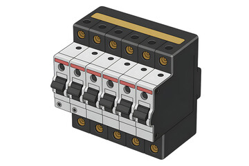 Industrial miniature circuit breaker panel with multiple switches and safety features isolated on transparent background