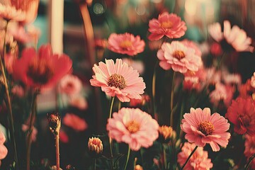 Close-up of vibrant pink cosmos flowers in a garden, warm-toned