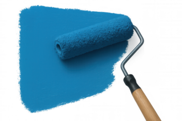 Paint roller applying blue paint, illustrating home renovation concepts on transparent background