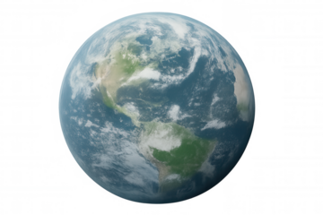Continents and clouds covering planet earth, global view of the world from space on transparent background