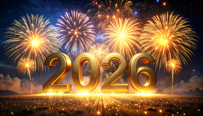 Golden 2026 numerals illuminated by vibrant fireworks display.