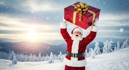 Happy Santa Claus holds up Christmas present in a snowy landscape
