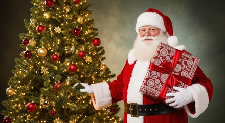 Festive figure by the Christmas tree with present in hand