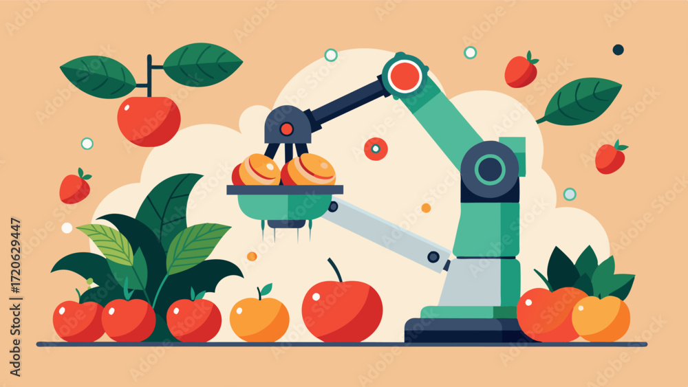 Poster a robotic arm equipped with sensors carefully harvesting ripe fruits and vegetables in a precise and