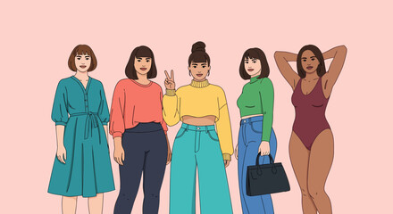 Obraz premium Diverse Women in Fashionable Outfits Teal Dress Coral Top Yellow Sweater Green Shirt and Burgundy Swimsuit.