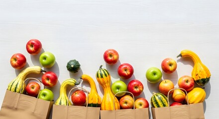 Autumn harvest bounty of apples and gourds overflowing from brown paper bags, displayed on a bright white wooden surface with copy space.