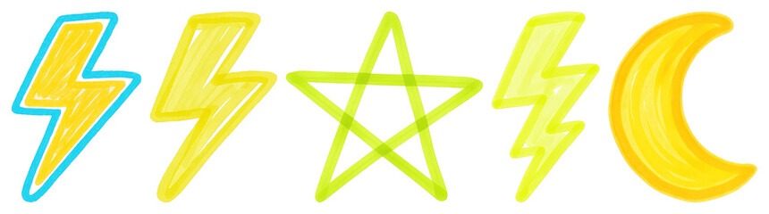 Obraz premium PNG Colorful neon lightning star moon, element set on transparent background