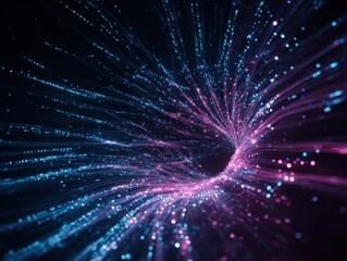 Naklejka premium Futuristic cyberpunk data vortex with neon pink blue particles and binary code, technology network connection background for presentation or website design