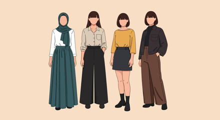 Four Fashionable Women in Diverse Outfits Hijab Blouse Skirt and Jacket.