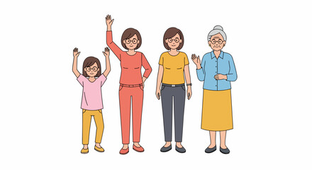 Fototapeta premium Four Generations of Women Waving with Varying Outfits and Hairstyles.