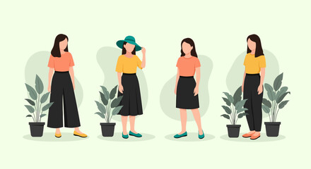 Fototapeta premium Four stylized women in varied outfits with potted plants faceless figures.