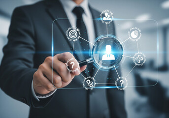 Fototapeta premium Business Professional Analyzing Human Resources and Talent Acquisition Concept. Magnifying Glass, Networking, Recruitment, HR, Employee, People, Icons.