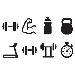 Vector set of gym and fitness icons in black silhouette style. Collection includes dumbbell, muscular arm, water bottle, kettlebell, treadmill, barbell, weight rack, and stopwatch symbols