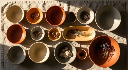 Sunlit Collection of Earthenware Bowls and Dishes Filled with Natural Elements on a Linen Fabric Background.