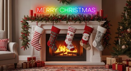 Christmas stockings hanging over a lit fireplace in a cozy room