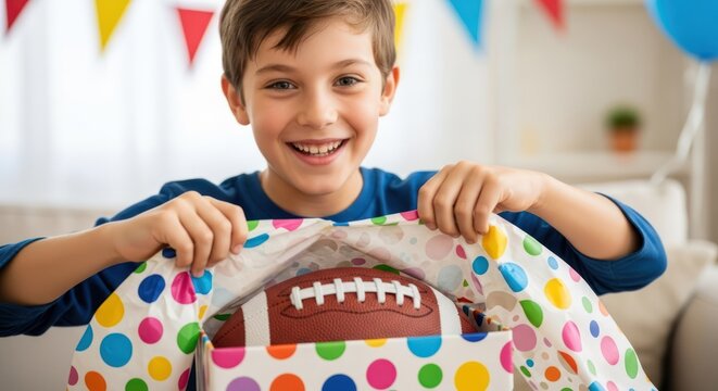 Excited boy opening a gift of a football at a birthday celebration