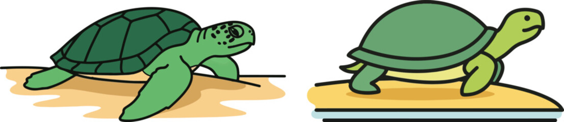 Two Turtles on Sand Vector Illustration