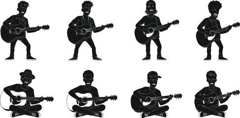 Cartoon guitarist silhouettes, musician playing acoustic guitar, sitting and standing poses, character illustration art, live music performance, vector design clipart
