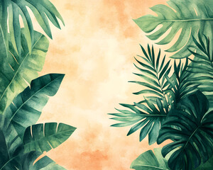 Lush green tropical jungle leaves painted in watercolor style creating a natural frame on a warm sunset background