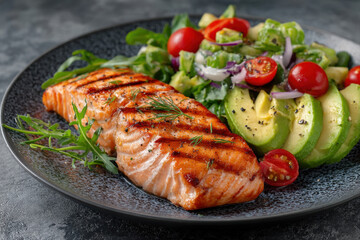 Grilled salmon fillet with fresh avocado salad on a modern white plate