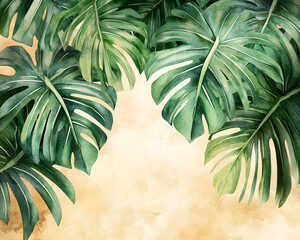 Vibrant Watercolor Monstera Leaves on Textured Background Botanical Illustration