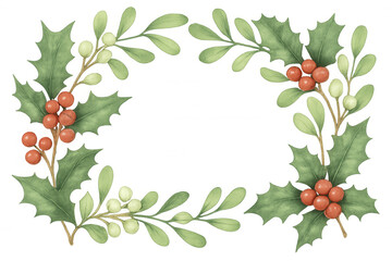 Holly and mistletoe watercolor frame for christmas and winter holiday invitations and greeting cards