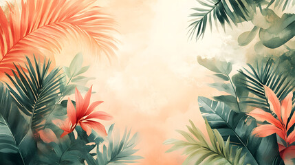 Watercolor Tropical Leaves Pastel Background with Minimalist Greenery for Design