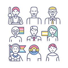 Fototapeta premium “Flat outline icons — people of different genders, races, cultures, equality symbol, handshake, teamwork, pride flag, accessibility, disability, community — thin stroke vector.”