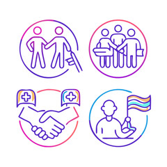 &ldquo;Flat outline icons &mdash; people of different genders, races, cultures, equality symbol, handshake, teamwork, pride flag, accessibility, disability, community &mdash; thin stroke vector.&rdquo;