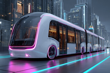 Autonomous electric bus on futuristic neon-lit clean city street at night