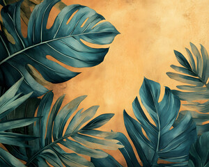 Lush tropical leaves in a captivating teal watercolor style, artfully arranged against a warm, textured ochre background, creating a sophisticated vintage-inspired botanical display